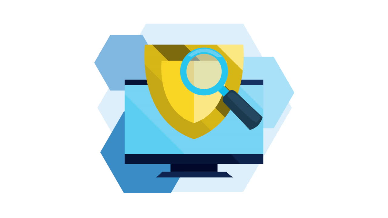 animación de datos de seguridad con escudo dorado en el escritorio y lupa