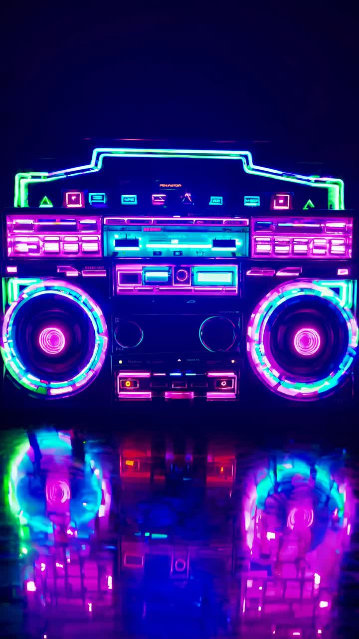 Boombox neon in colori vivaci, angolazione dal basso, perfetto per un video a tema retrò
