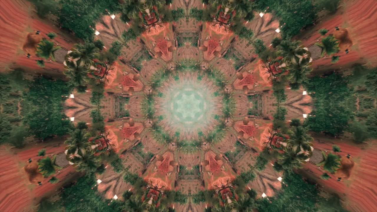 árboles y casas caleidoscopio ojo de pájaro vista de cerca dron