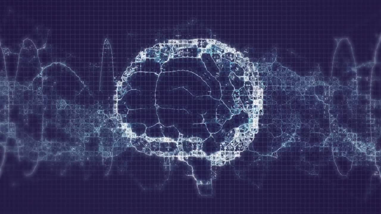 Animation of digital brain and dna strand on blue background