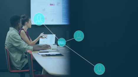Animation of network with data processing over diverse business people working in office