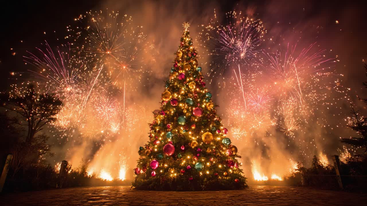 A Spectacular Christmas Celebration with a Vibrant Tree Surrounded by Dazzling Fireworks Illuminating the Night Sky in a Joyful Holiday Atmosphere