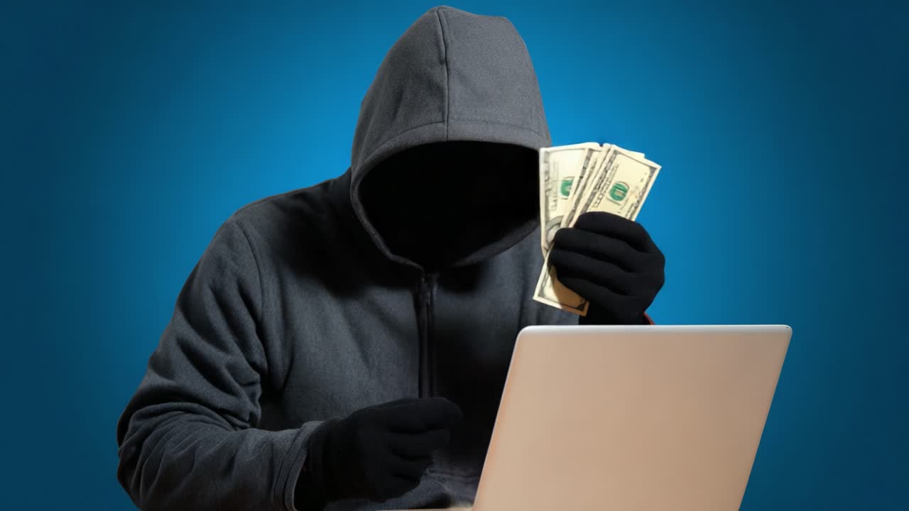 A shadowy figure in a gray hoodie, clutching stacks of cash, sits in front of a laptop, embodying the essence of online criminality and the allure of illicit gains