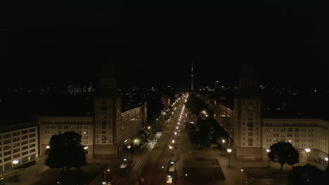 Aerial-View-of-Empty-Karl-Marx-Allee-Street-at-Night-in-Berlin,-Germany-during-COVID-19-Coronavirus-Pandemic