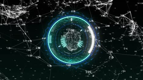 Animation-of-digital-interface-showing-circular-scope-scanning-3d-shape-and-network-of-connections-o