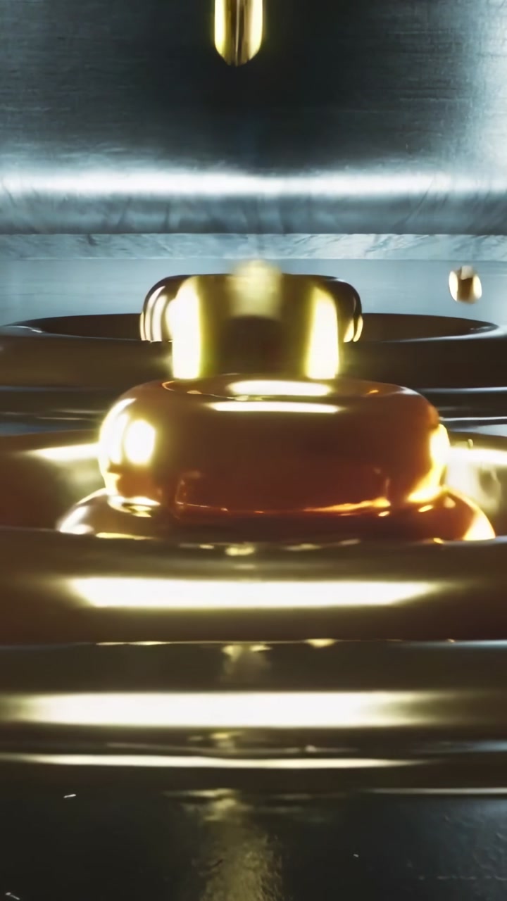 Vertical video: Dropping golden droplets striking reflective tabletop, forming glossy dome chain