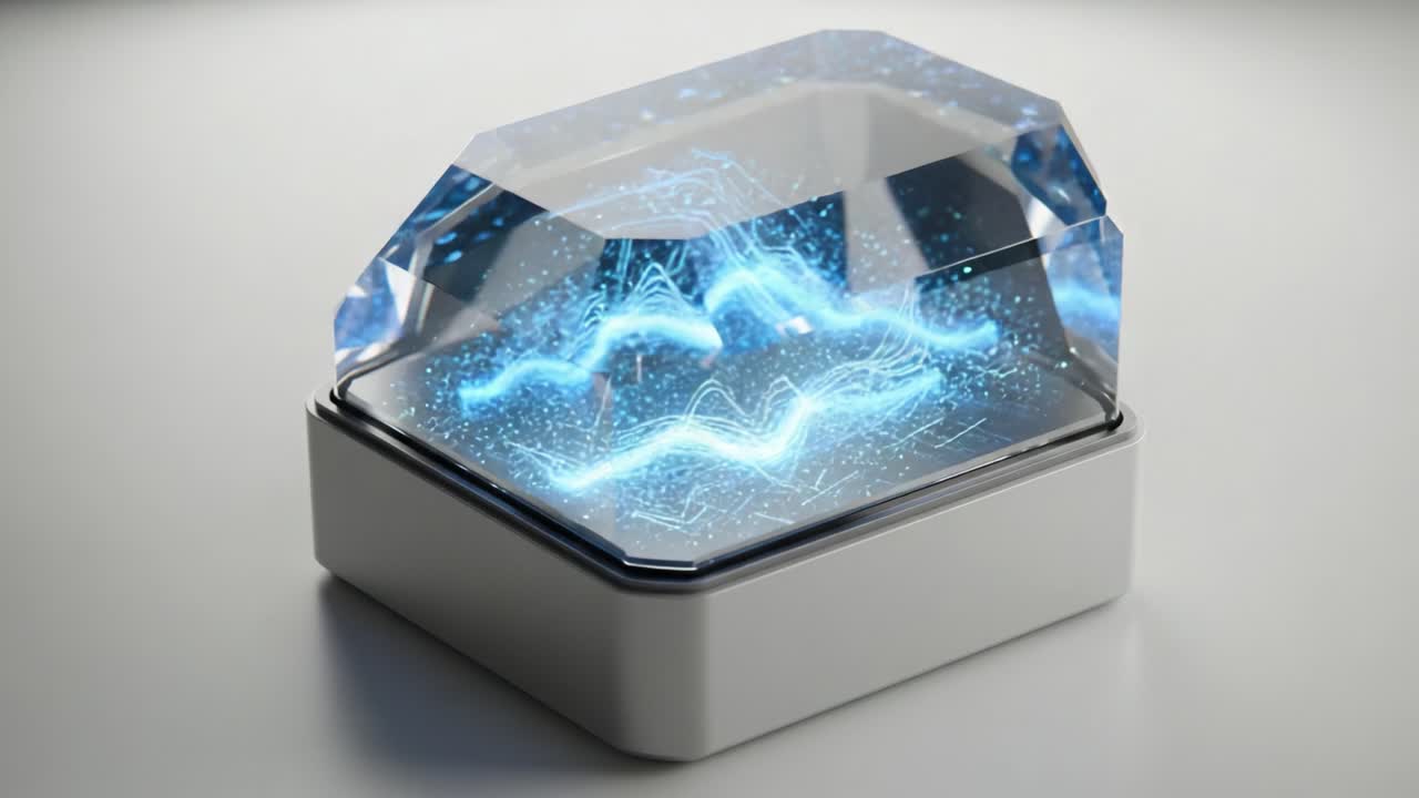 A Stunning Glowing Crystal Displaying Dynamic Waves of Light and Energy Captured in Two Frames from a Futuristic Visualization Video