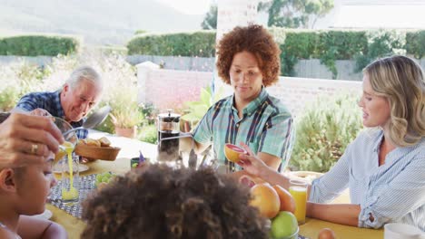 video of diverse family spending time together and having dinner outside