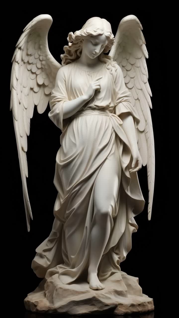 A majestic angel statue in a soft, elegant pose, captured from a low angle