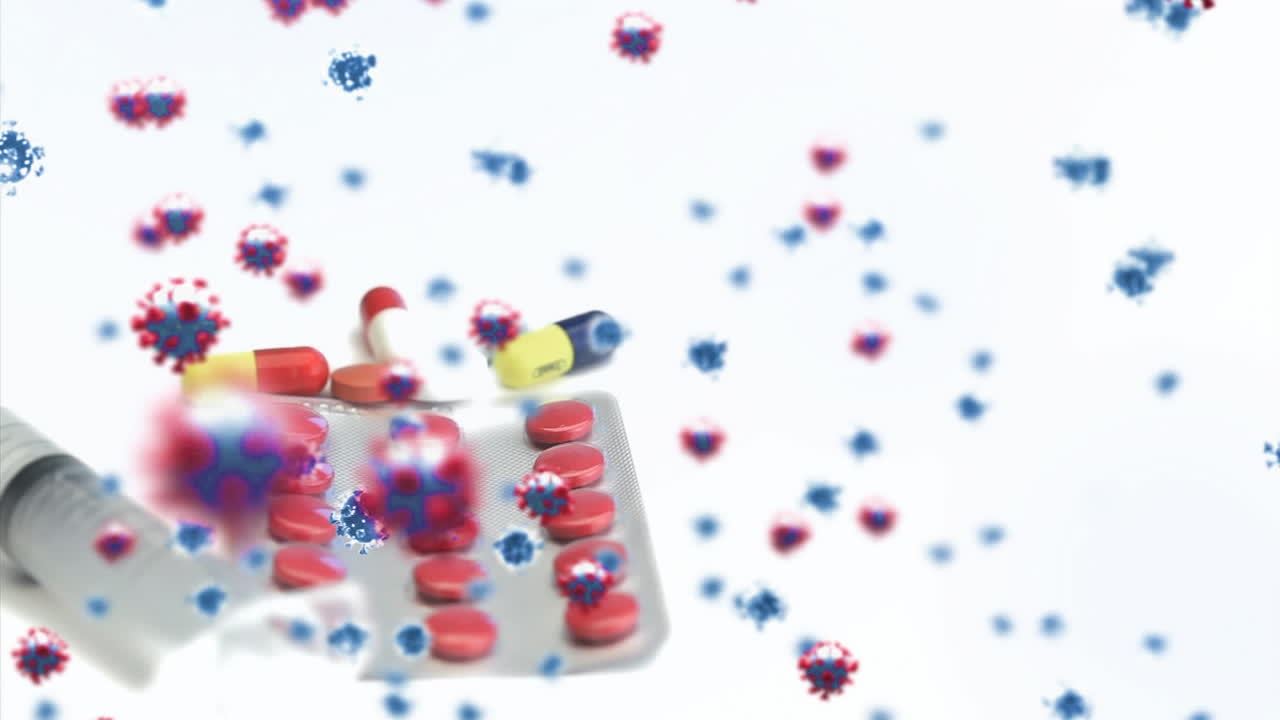 animación de células macro covid-19 flotantes sobre diferentes píldoras y jeringuillas