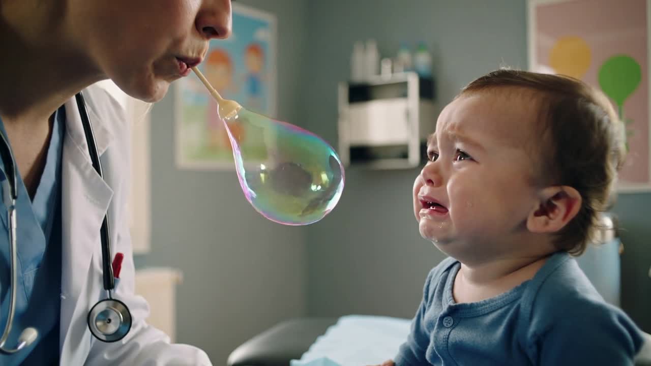 Kvinnlig kliniker blåser bubblor med en bubbelpinne, håller ett gråtande spädbarn på bordet och lugnar det under en pediatrisk undersökning.