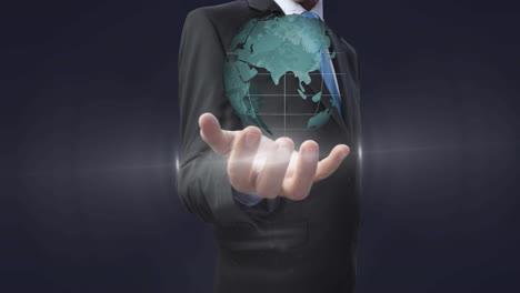 animation of globe spinning over businessman hand in background