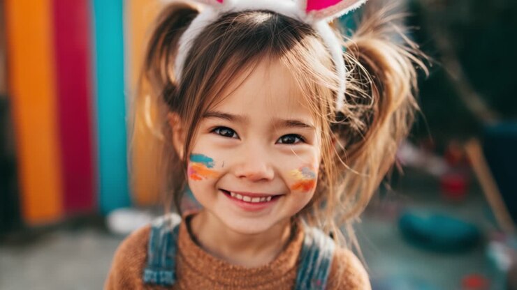 Una ragazza giovane e gioiosa con trucco divertente sul viso e orecchie da coniglio, che irradia felicità in un contesto esterno vibrante, ricco di sfondi colorati e un'atmosfera allegra.