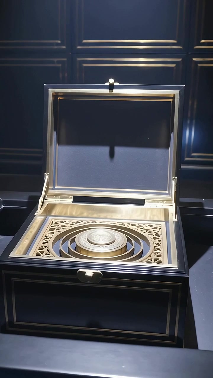 Video verticale: La telecamera panoramica rivela una scatola di presentazione ornata su un piedistallo nero, mostrando anelli d'oro.