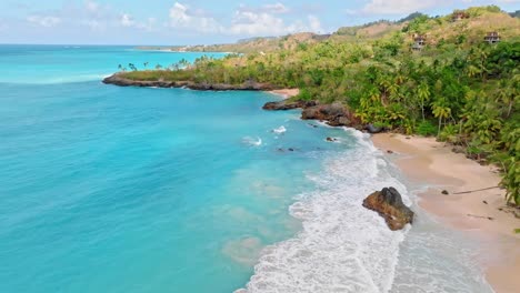 aerial drone shot showing paradise on earth with clear water, private beach and palm tree plantation at coastline in sun - playa de amor, las galeras