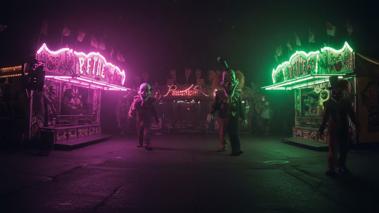 A chilling night at the carnival reveals eerie clowns emerging from shadows, illuminated by vibrant neon lights, instilling an atmosphere of suspense and unease