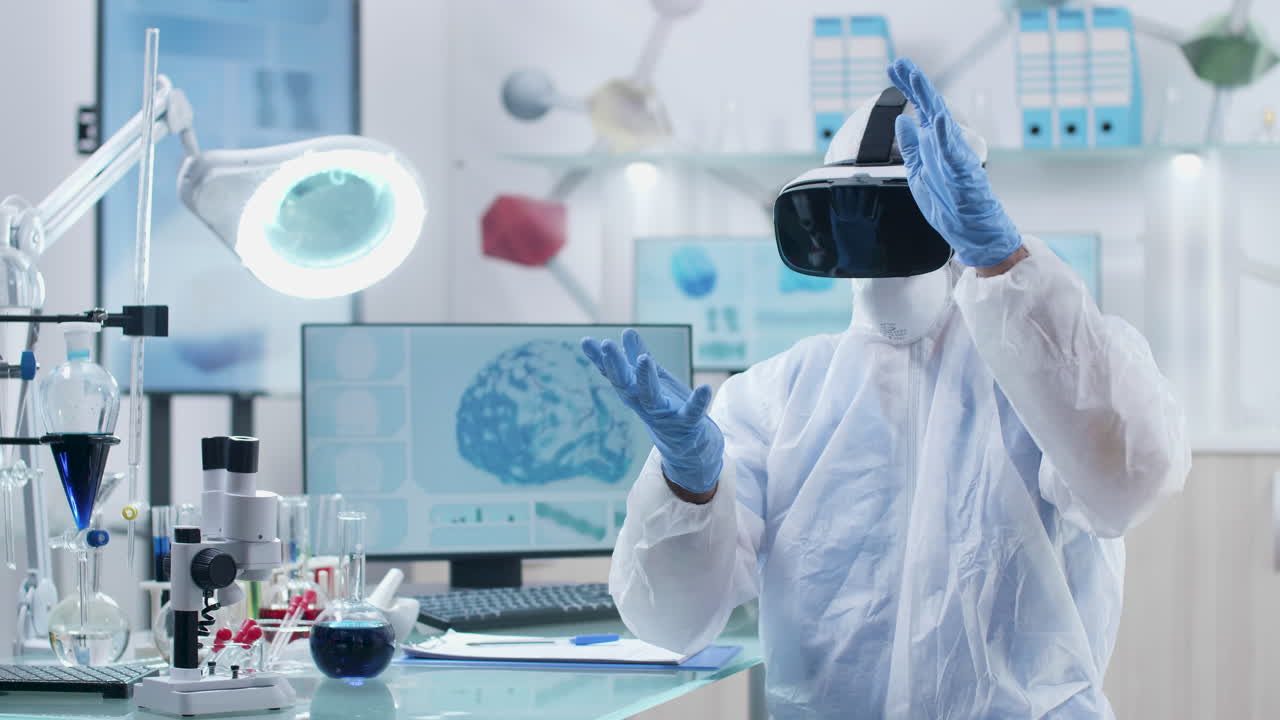 Scientist Using VR Headset in Laboratory