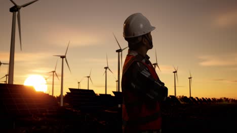 engineer at a renewable energy facility at sunset