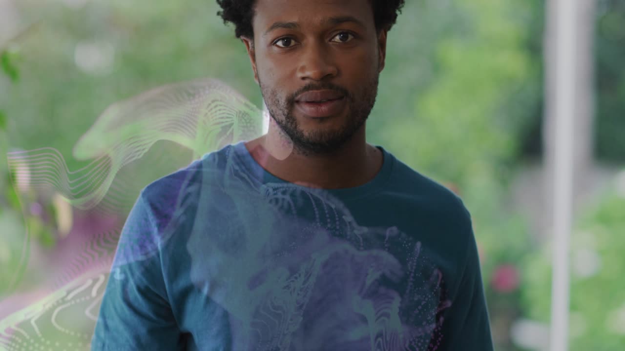 Man speaking on porch while jellyfish-like overlay appearing and visualizing technology concept