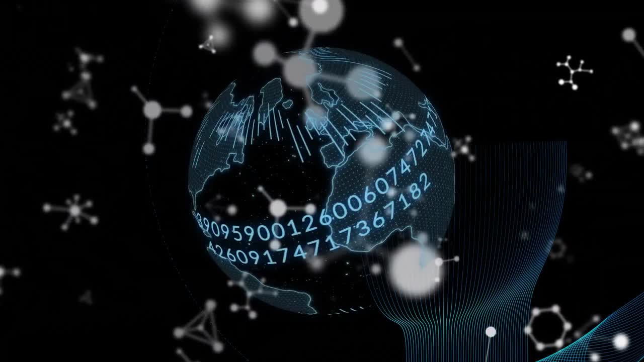 Animation of rotating globe with data processing moving over networks on black