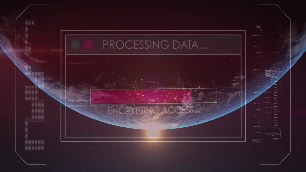 로딩 바의 애니메이션, 여러 텍스트, 태양에 대한 지구상의 컴퓨터 언어