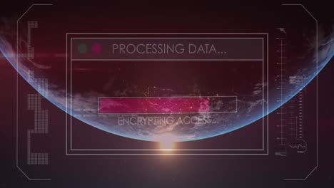 Animation-of-loading-bars,-multiple-texts,-computer-language-over-globe-against-sun