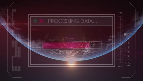 Animation of loading bars, multiple texts, computer language over globe against sun