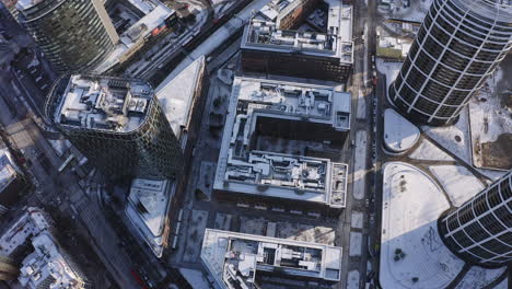 Top-Down-Aerial-view-of-Bratislava-downtown-Mlynske-Nivy-on-sunny-winter-morning