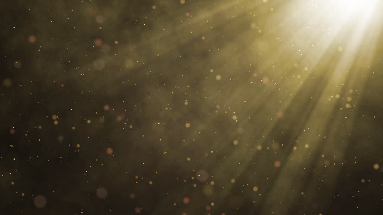 Partículas de poeira dourada animadas e repetíveis flutuando em uma atmosfera nebulosa e ondulante com raios de luz, plano de fundo de vídeo atmosférico perfeito para projetos cinematográficos
