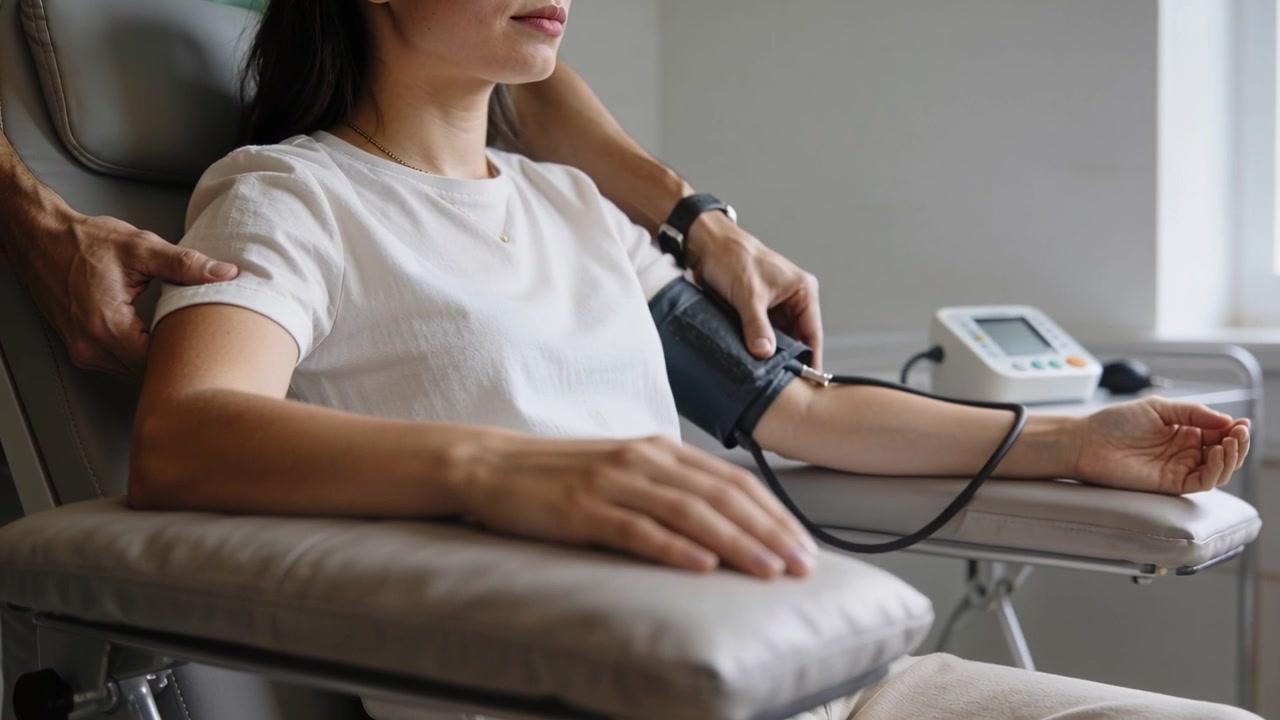 Donna seduta che riceve un medico che entra da sinistra, il quale le regola il bracciale con monitor per la misurazione della pressione in clinica.