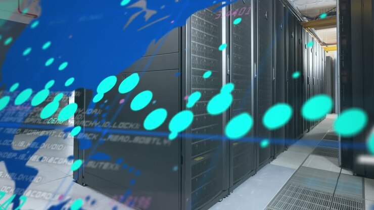 Animation of data processing over world map against computer server room