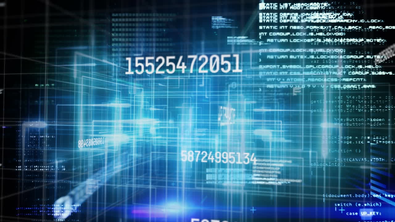 animación digital de números cambiantes sobre rastros de luz que se mueven contra un fondo azul