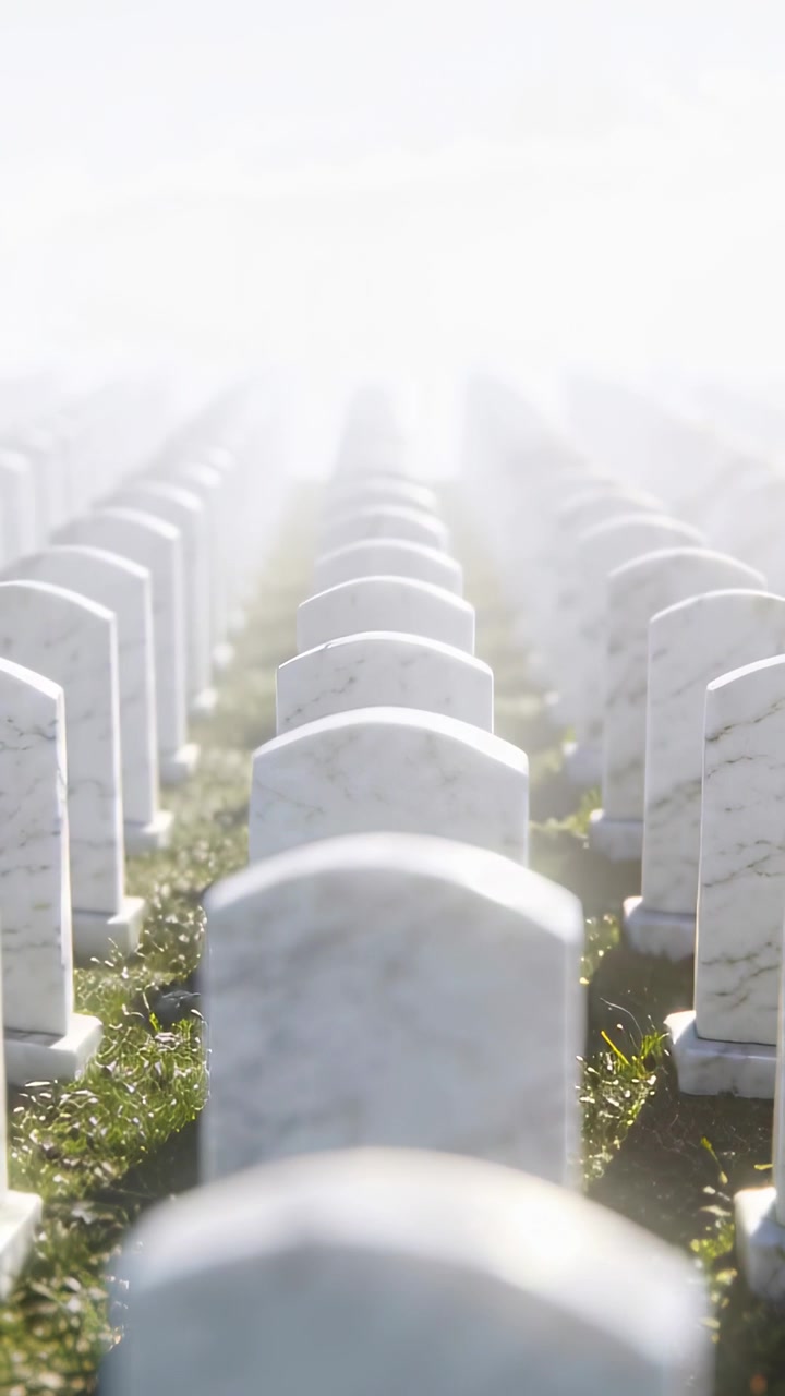 Video verticale: Inizio della ripresa, la telecamera si muove lungo il viale centrale del cimitero, mostrando lapidi nella foschia.