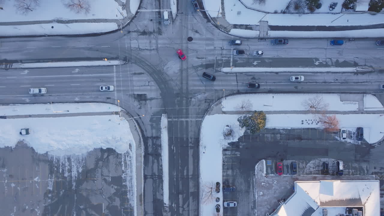 Aerial view of snowy Meadowvale, Mississauga intersection in winter