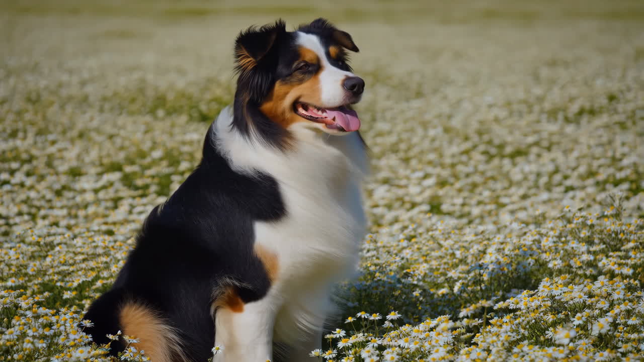 Australian Shepherd in a field of daisies