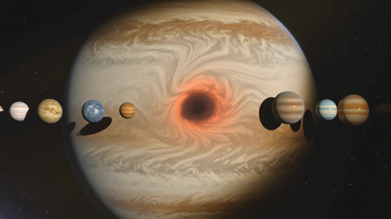 Advancing frames causing moons sliding right across striped giant, casting shadows over red storm