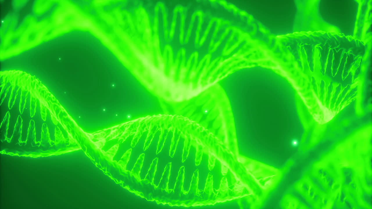 Vivaci filamenti di DNA verdi si intrecciano rivelando la bellezza della genetica