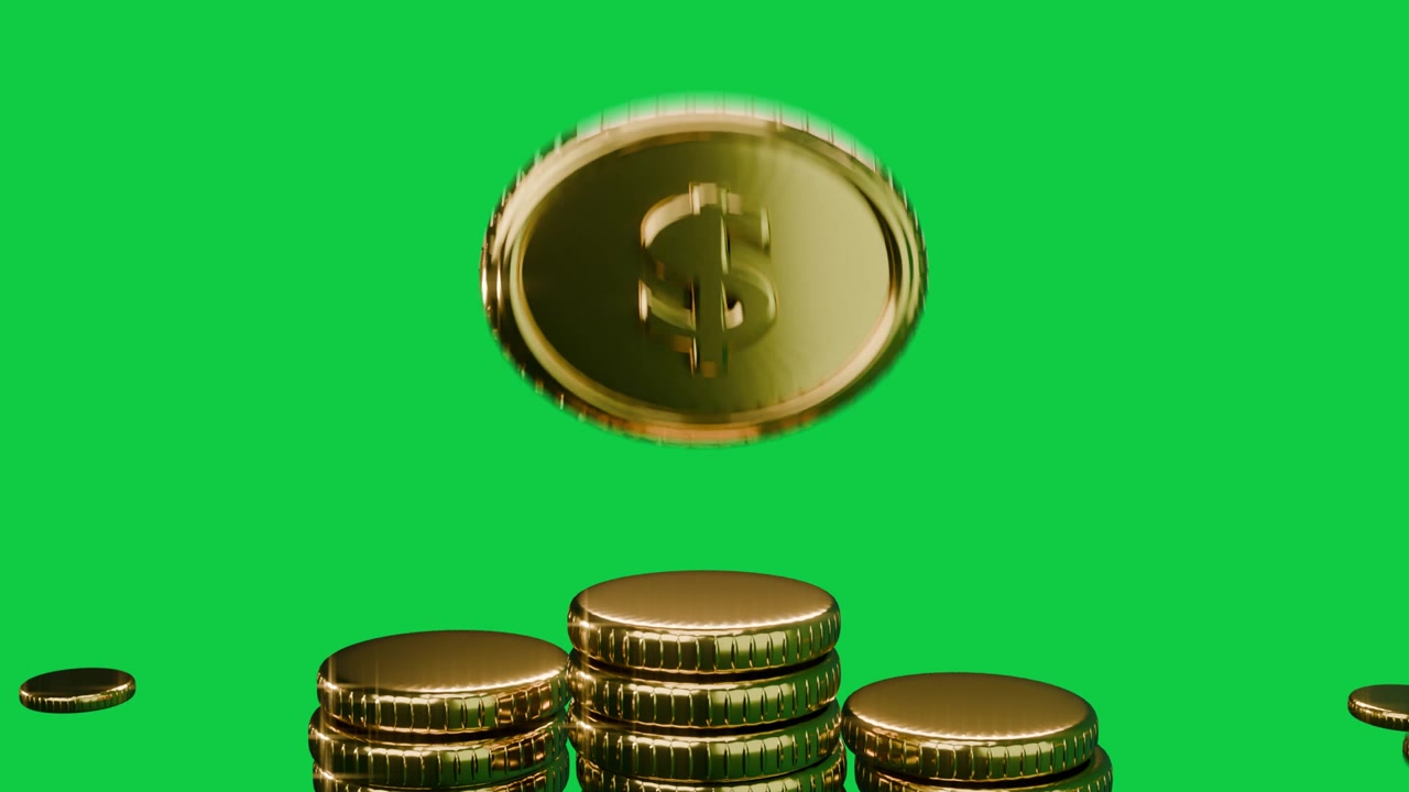 Big dollar coin dropping from above rotating flaring joining stack showing growth on transparent bg