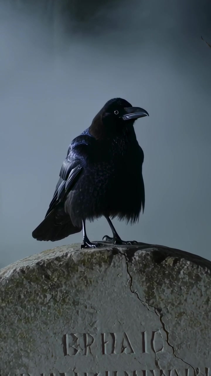 Verticale video: Kraaiachtige reageert op waarschuwing, beweegt kop op gebarsten steen met gehouwen letters in mist.