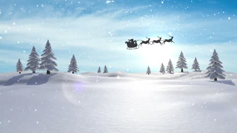 Animation-Von-Schnee,-Der-über-Die-Silhouette-Des-Weihnachtsmanns-Im-Schlitten-Mit-Rentieren-In-Einer-Winterlandschaft-Fällt