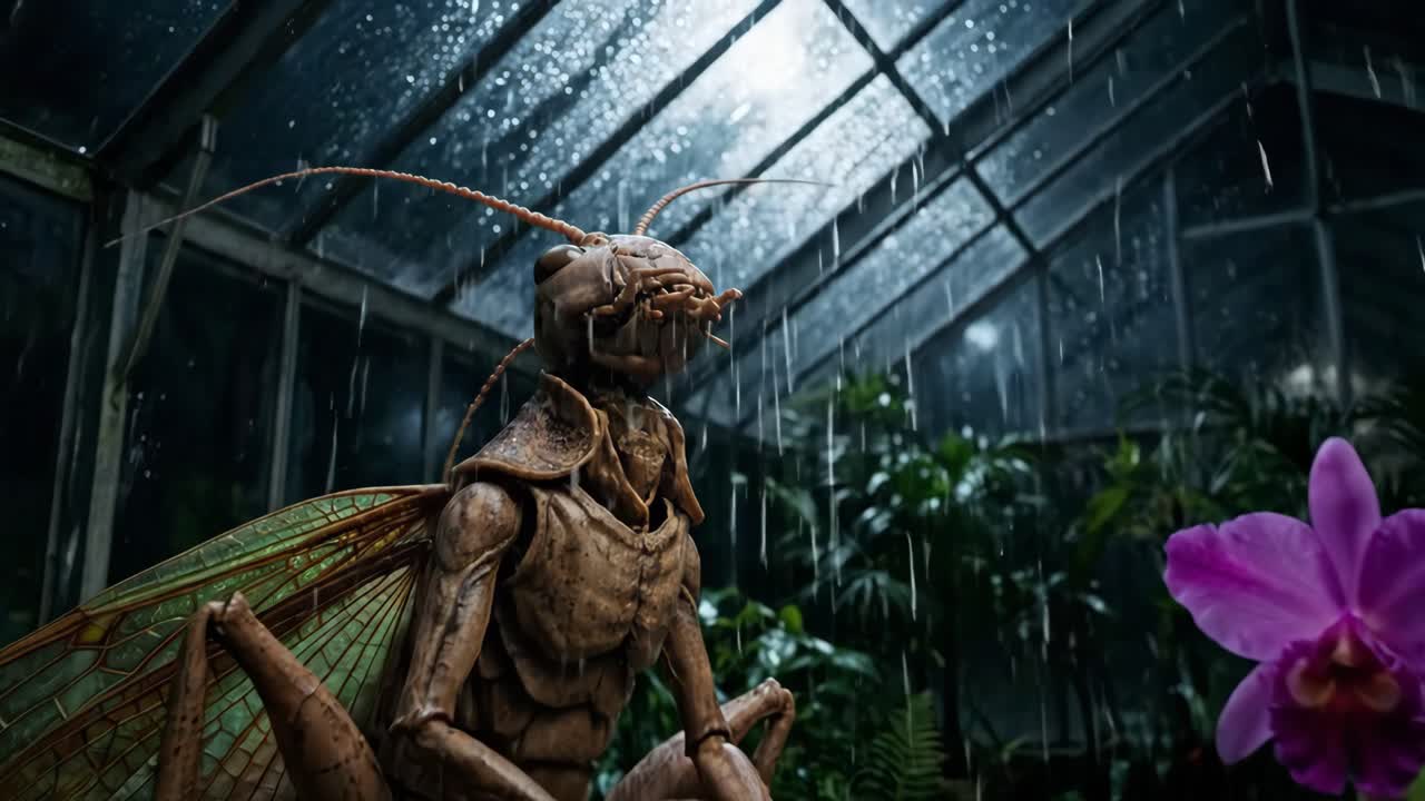 Anthropomorphic Grasshopper Creature in a Rainy Greenhouse