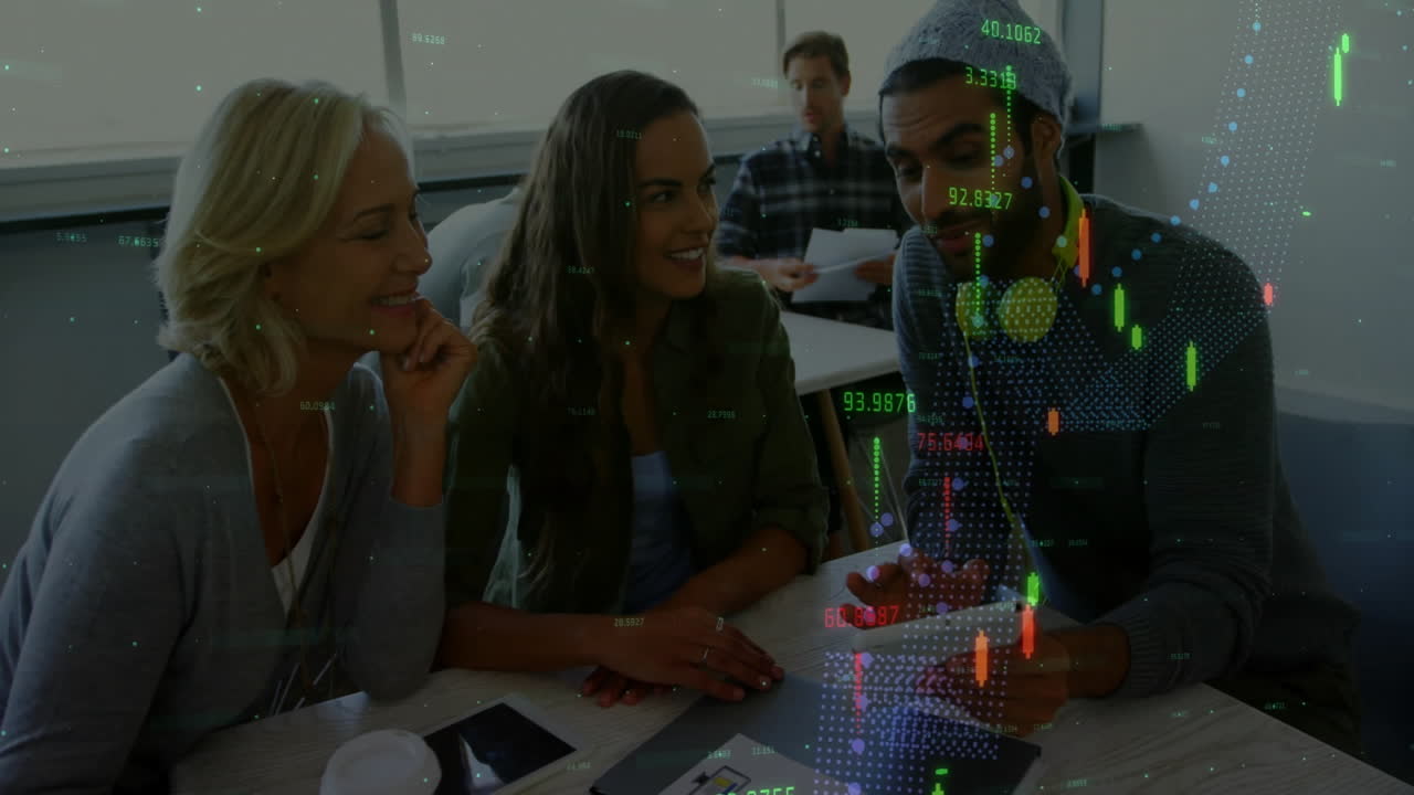 Financial data processing animation over diverse people collaborating at office