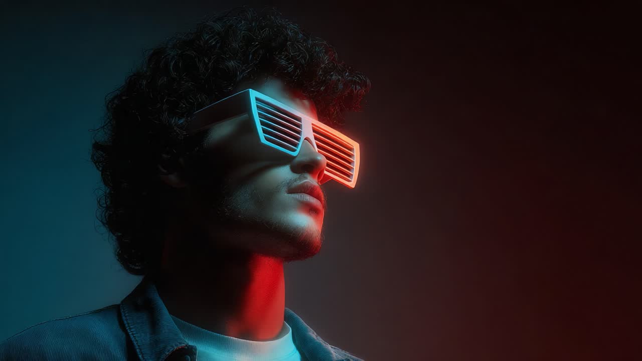 A Stylish Young Man Showcases Unique Sunglasses with Bold Lighting in a Dramatic Portrait, Highlighting an Air of Confidence and Contemporary Fashion Trends