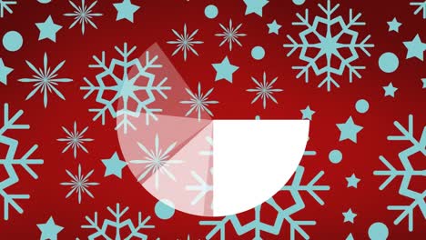 Animation-of-pie-graph-over-snowflakes-icons-in-seamless-pattern-against-red-background