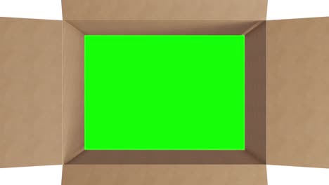 overhead of green screen in brown cardboard box with lid closing on white background