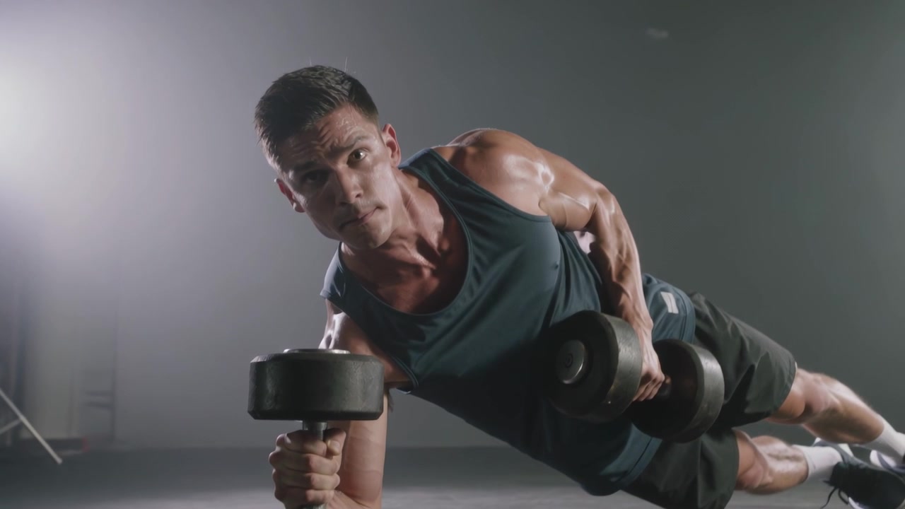 Homem de regata escura segurando halteres, fazendo prancha lateral intensa, com câmera de estúdio em movimento para capturar a potência e a iluminação.