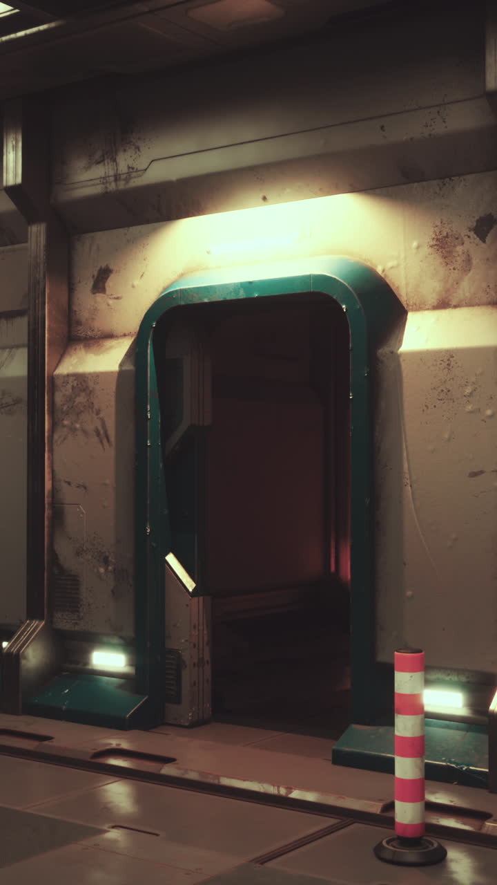 어두운 방을 드러내는 문을 열고 있는 미래의 우주선 복도