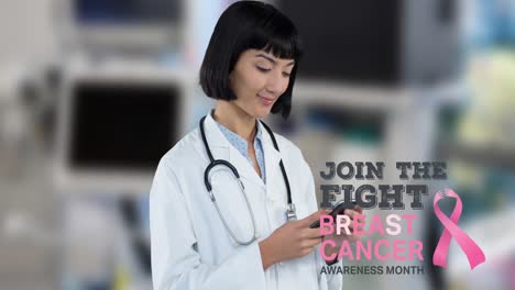 Animation-of-breast-cancer-awareness-ribbon-and-text-over-asian-female-doctor-with-smartphone