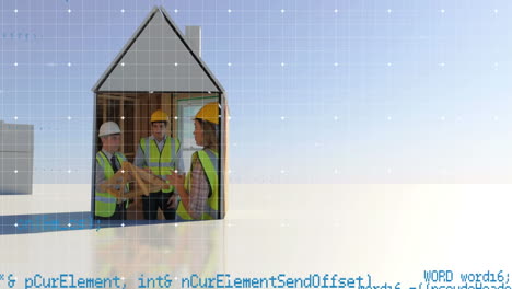 animación de codificación en la interfaz digital con ingenieros caucásicos que trabajan en el modelo de casa