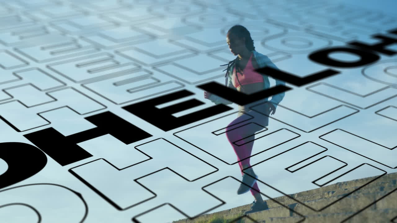 Walking on path, person over HELLO text animation on maze background